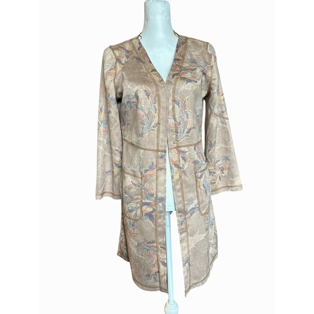 SOLITAIRE‎ Women's TAN  Print Open Front Duster Pockets  Jacket Style 20 188